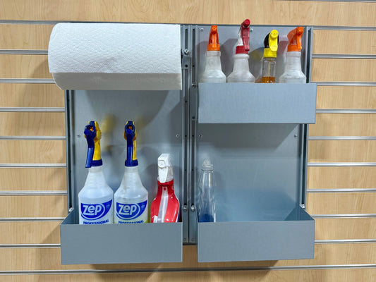 Wall-mounted cleaning station with paper towels and cleaning supplies